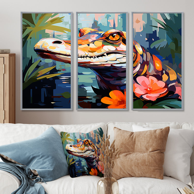 Pop Art alligator Blooms III - crocodile, art mural, H 40 po x l 60 po, Cadre flottant blanc