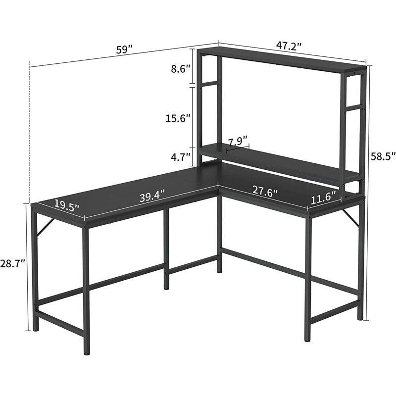Bureau en U avec rehausse Uchida, Noir