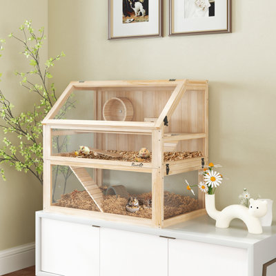 Wooden Hamster Cage with Detachable Bottom Hut Seesaw Natural