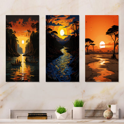 Coucher de soleil africain sur Jungle River I - Jungle, ensemble de 3 reproductions d'art en métal