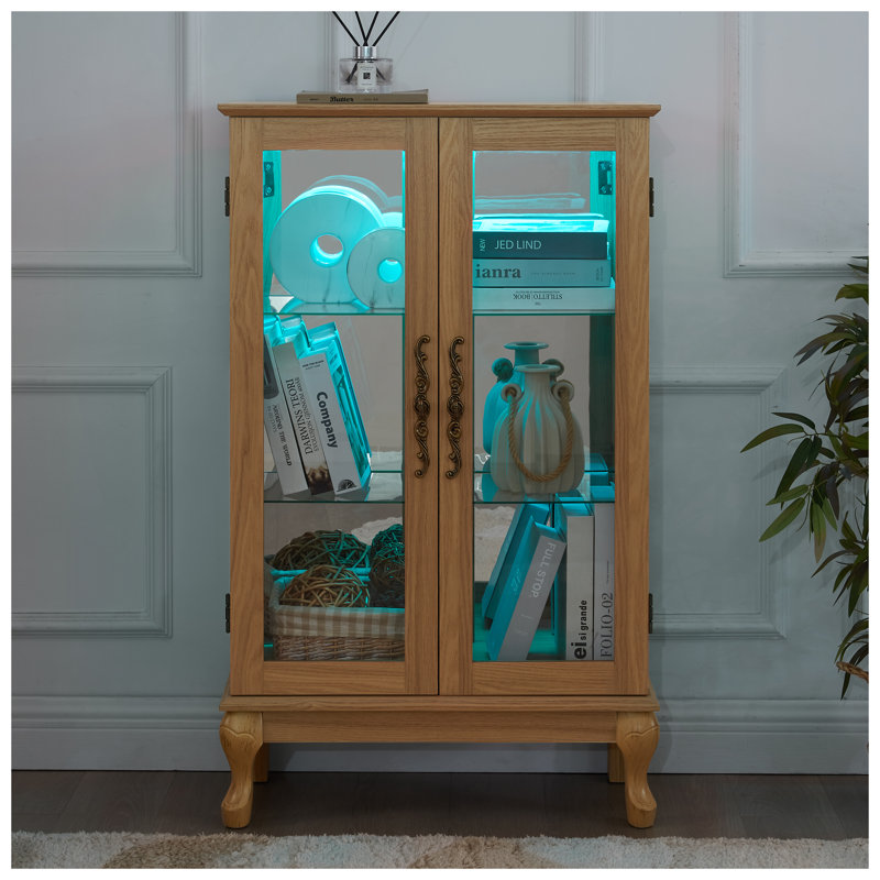 Vitrine en chêne clair avec portes en verre trempé, éclairage DEL et dossier en miroir - Vitrine élégante pour objets de collection avec tablettes réglables
