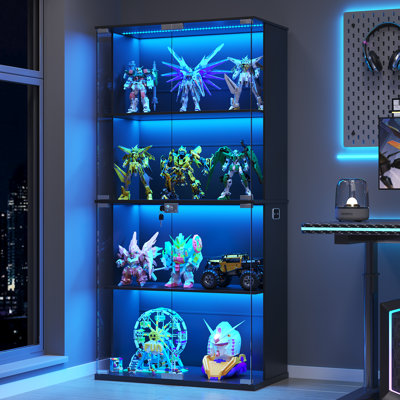 Display Cabinet With Glass Doors, 66" Lighted Display Case With 3 Colour Lights, 4-tier Bookcase With Human Body Sensor