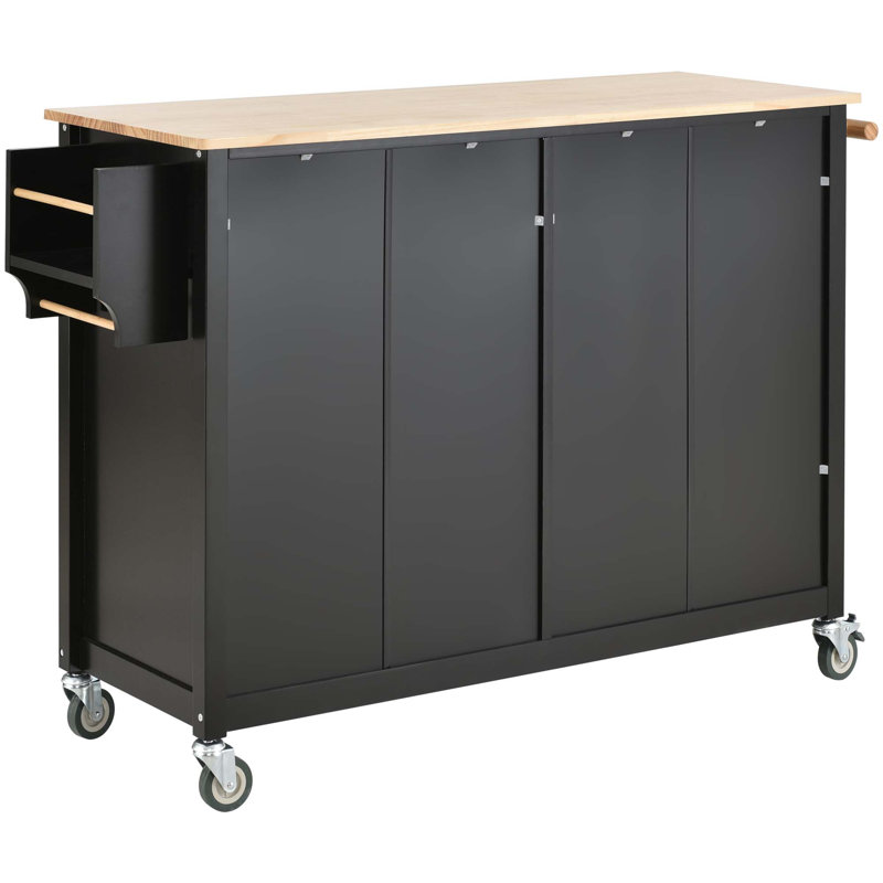 Kitchen Island Cart With Solid Wood Top, Locking Wheels, 4 Door Cabinet, 2 Drawers, Spice Rack & Towel Rack, Black