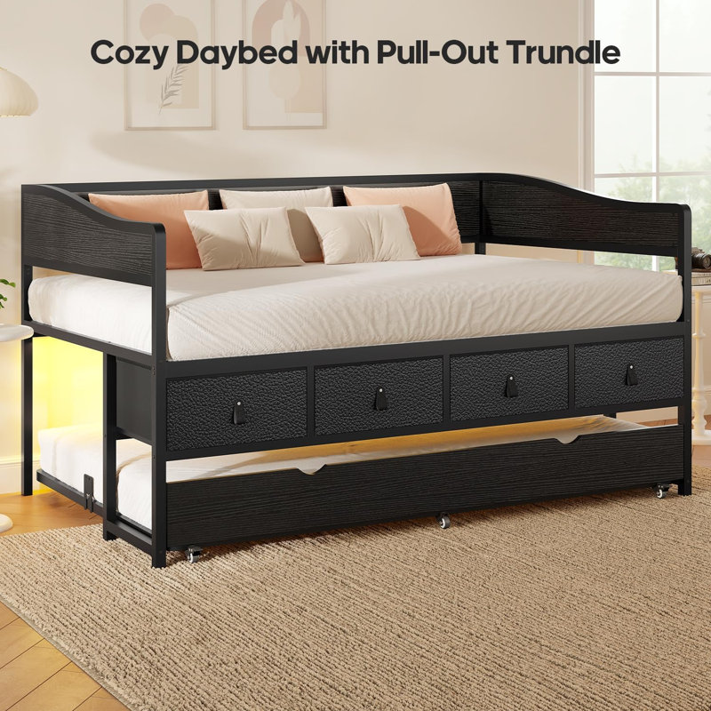 Twin Daybed with Trundle, 4 Storage Drawers and LED Light, Sofa Day Bed Frame with Strong Supports, Black, Black