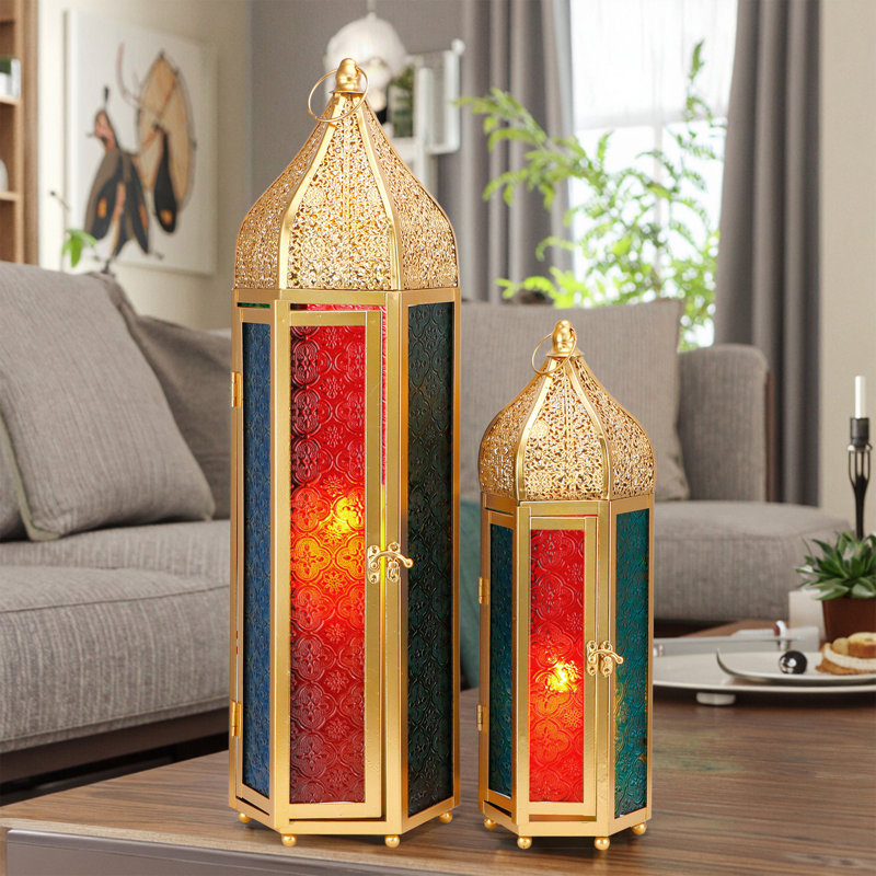 2 Piece Metal Glass Tabletop Lantern Set