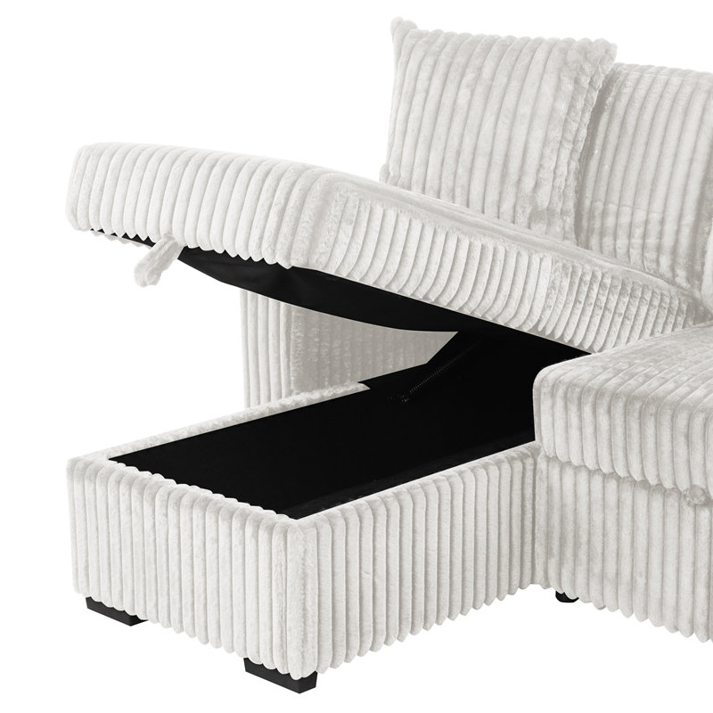 Plush Sectional Sofa W/ Pull Out Sleeper made with Velvet fabric- Cream, Cream Velvet