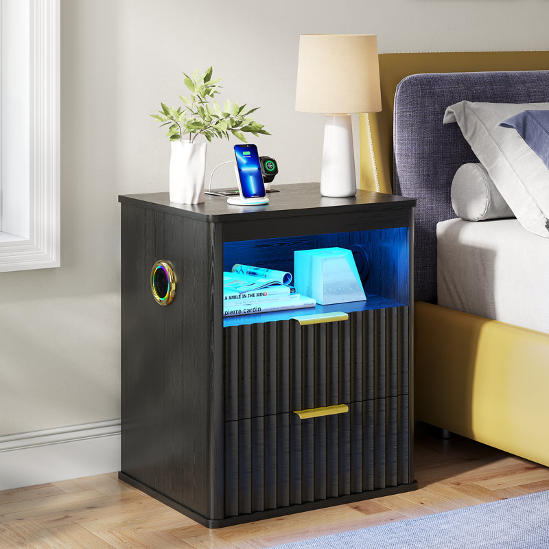 19.7''W Fluted Nightstand with Bluetooth Speaker, RGB Sensor Lights, Wireless Charger, Black