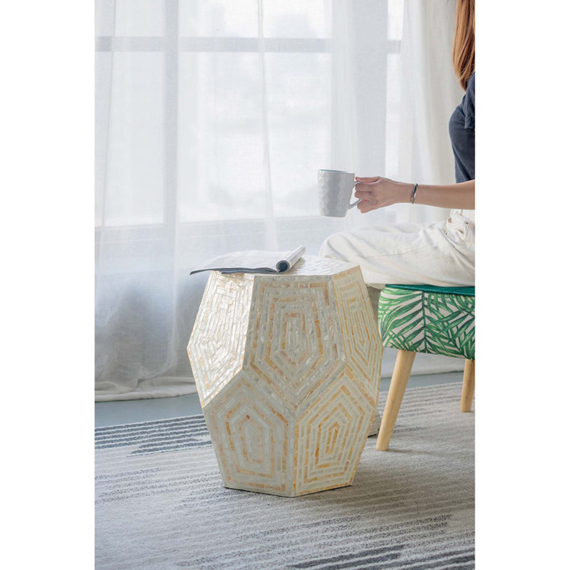 18x18x21" Hexagonal Capes Capiz Stool, Cream/Yellow
