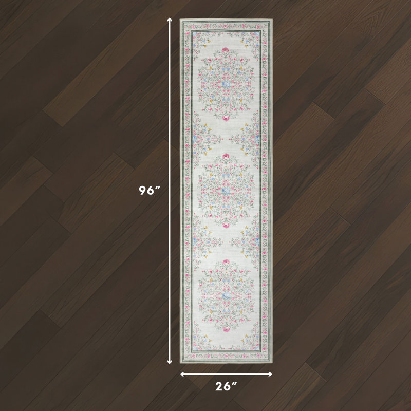 Laura Ashley Washable Printed Velvet Rug, Ivory, 2'2" x 8'