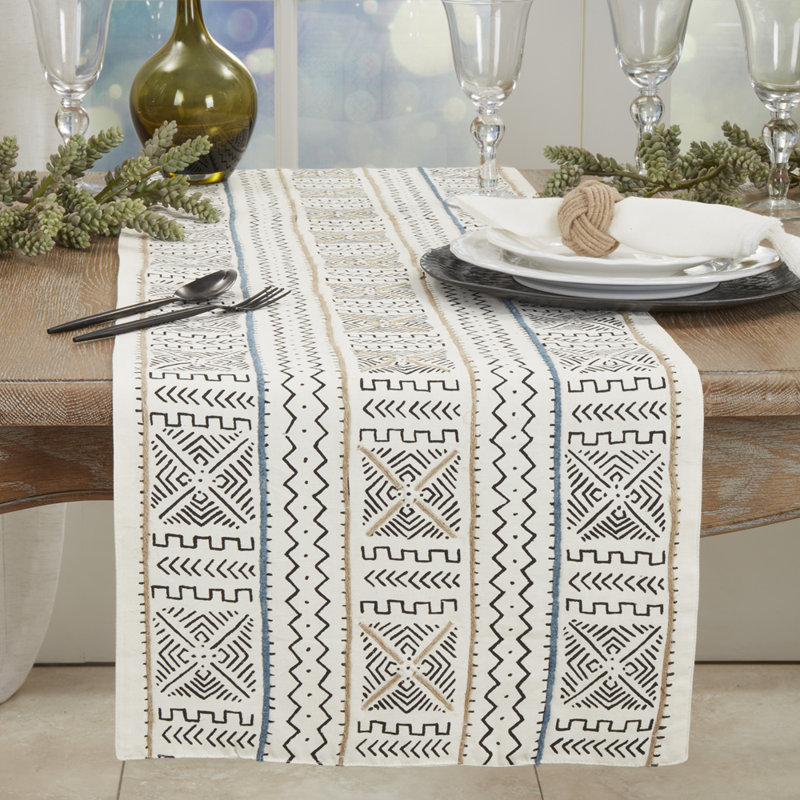 White Modern Mud Cloth Design 100% Cotton Table Runner 16" W X 72" L, 108" L x 16" W