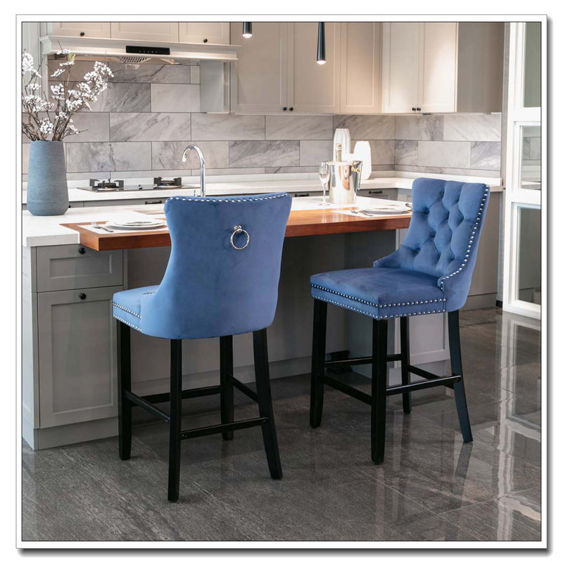 Tabourets de bar rembourrés en velours avec décoration capitonnée et pieds en bois, Noir, Bleu