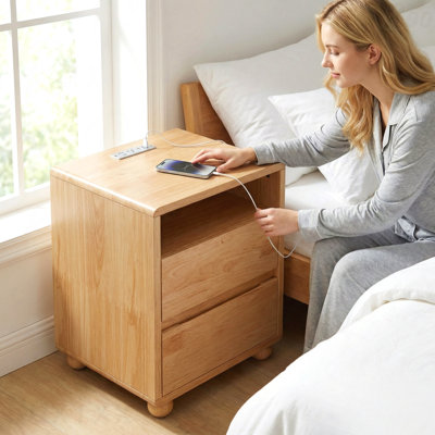 Table de chevet 20 po en bois massif 2 tiroirs, moderne avec station de chargement et table d'appoint en bois courbé