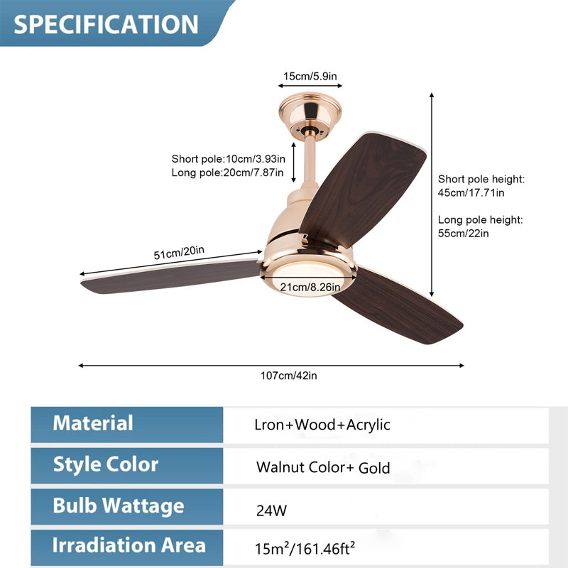42” Ceiling Fan Light With Remote Control (Walnut), Gold