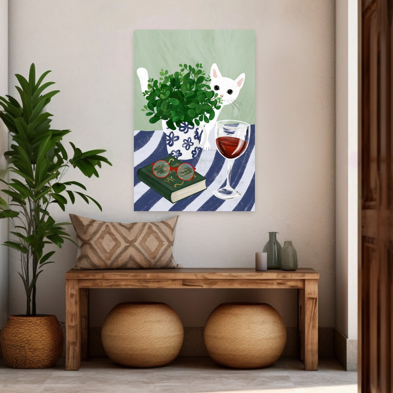 Cozy Cat, lecture, coin, chat, plante, art mural, H 48 po x l 32 po