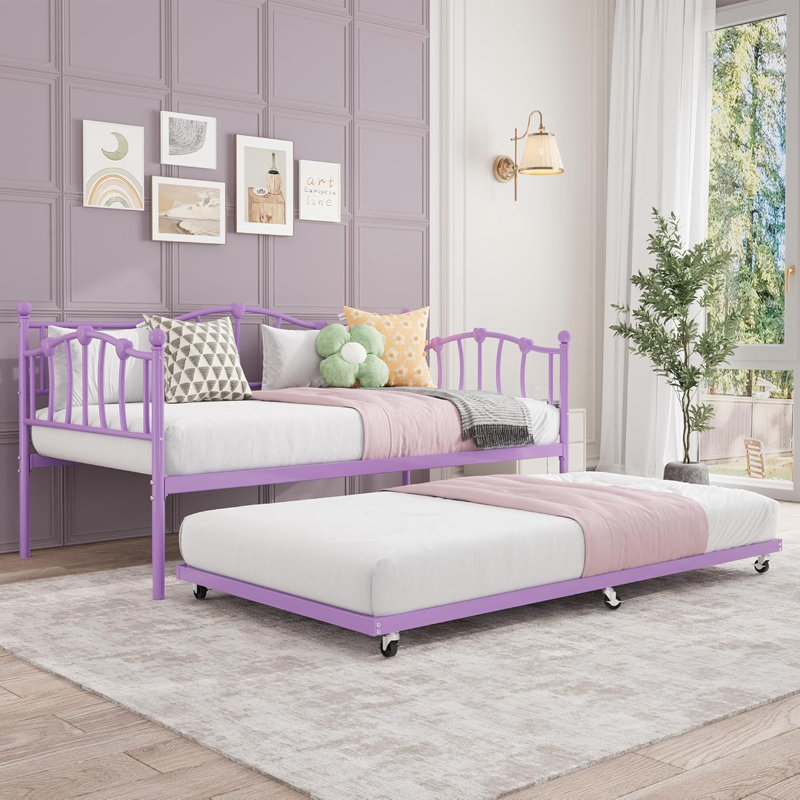 for Living Room, Bedroom Twin Daybed w/ Trundle, Metal Sofa Bed Frame w/ Steel Slat Support, Twin Size Space-Saving Furniture, Love Heart Design