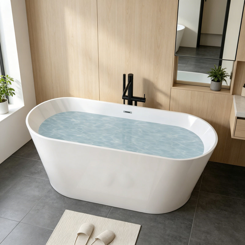 59" Acrylic Freestanding Bathtub, Stand Alone Soaking Tub, Glossy White Acrylic, Toetap Chrome Drain, Cupc Certified