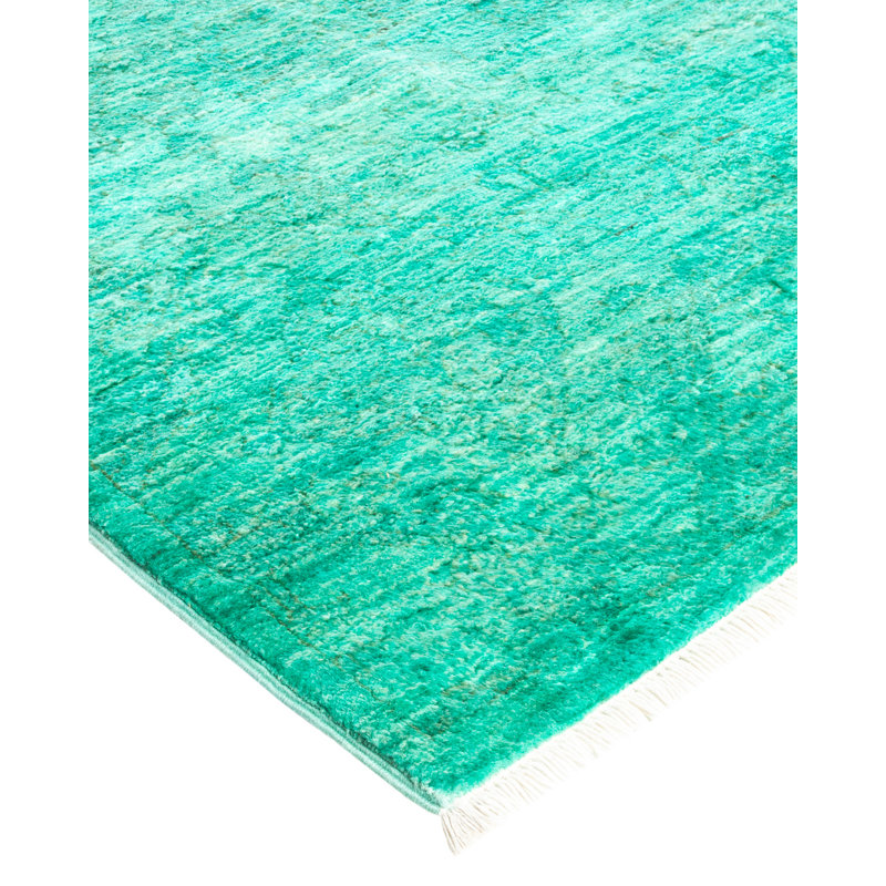 Tapis turquoise en laine noué à la main de conception unique 6 pi 1 po x 10 pi 1 po Vibrance