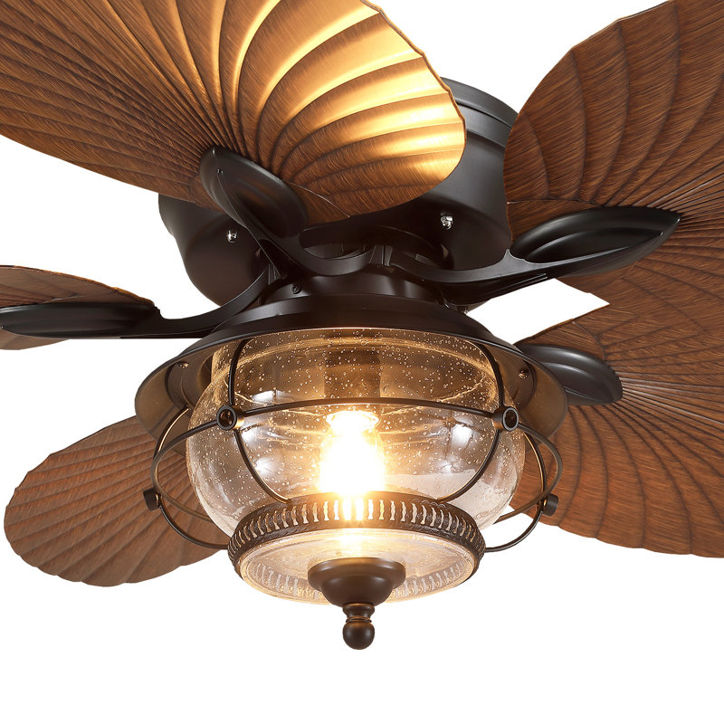 52" Tropical Brown Leaf 5-blade Ceiling Fan with Light and Remote, Outdoor Waterproof Palm Leaf Ceiling Fan,6 Speeds, Brown