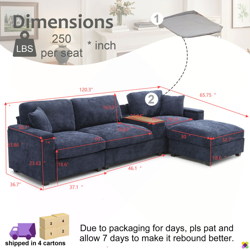 Loette 120.3" Configurable Sectional Sofa, USB Ports, Cup Holder, 360°Rotate Tabletop, Console Box & Armrests