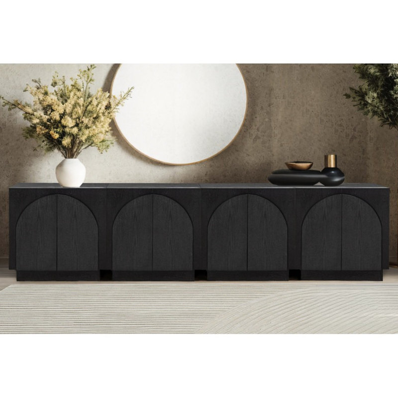 Buffet noir de style Mid-Century, rangement en bois de cuisine ou de salon, coins arqués, chêne moderne propre, armoire, conception à rebords arrondis, facile à installer