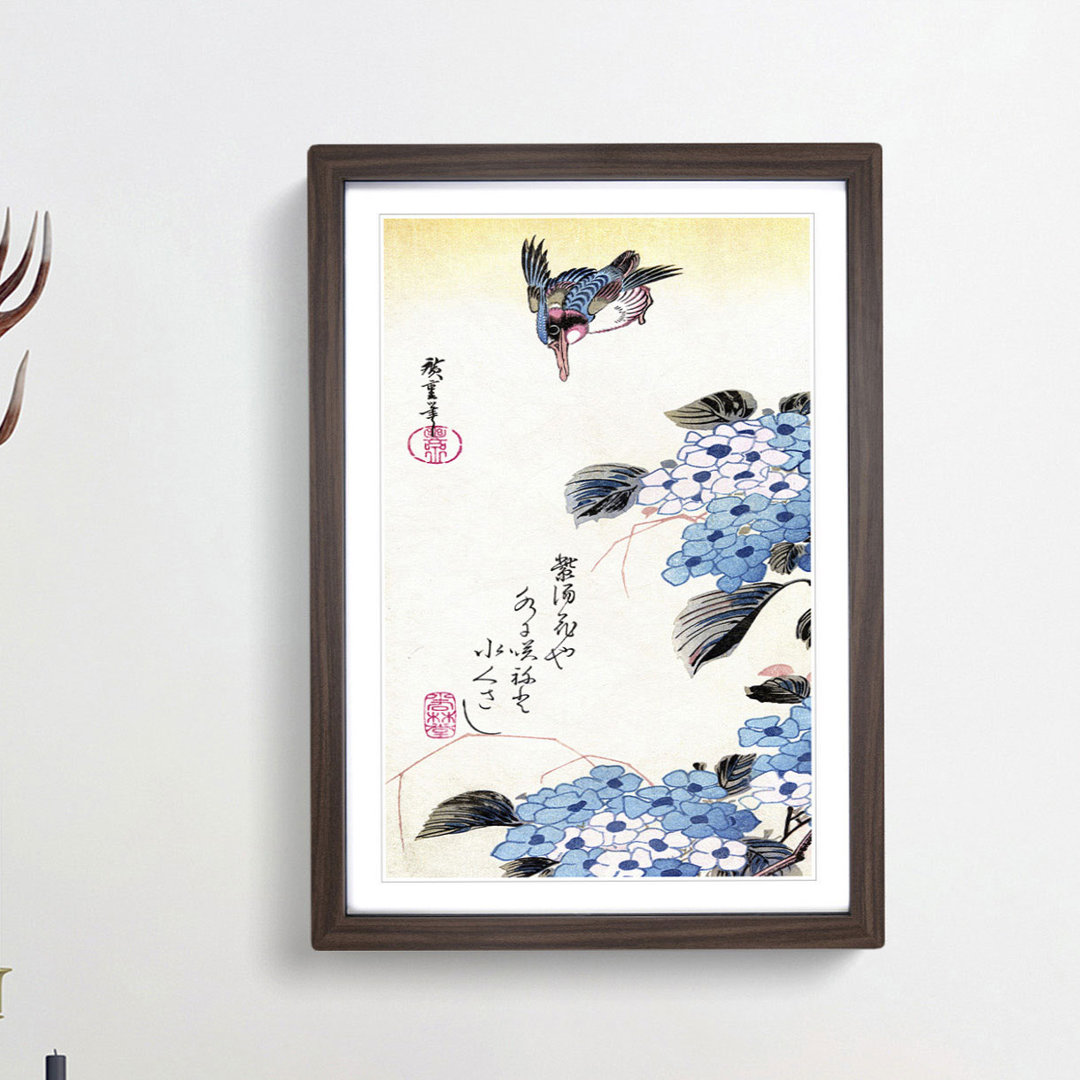 Hydrangea and Kingfisher by Utagawa Hiroshige - Framed Print