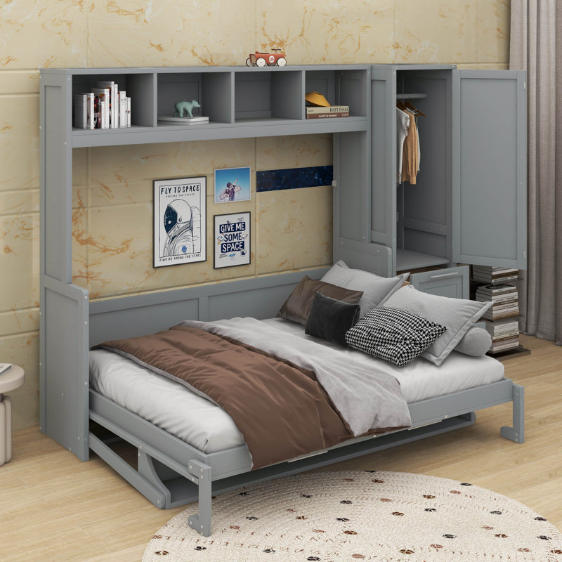 Grand lit escamotable avec placard et tiroirs, Gris
