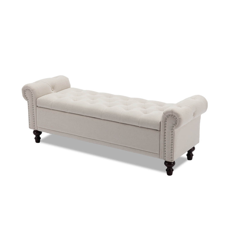 Velvet/Linen Upholstered Storage Bench With Segmented Storage Compartments, Beige