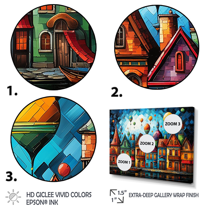«Fantasy Air Ballon Village I», art mural en montgolfière, Cadre flottant noir, H 16 po x l 32 po x P 1 po