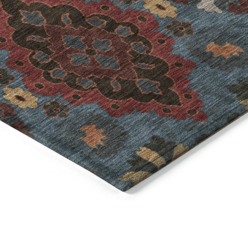 Denim Blue and Red Synthetic Washable Rectangular Rug