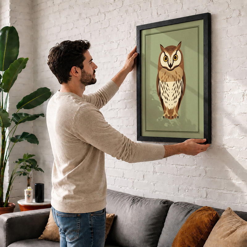 Frontal Owl Botanical - Framed Print, A1 - 84.1 x 59.4 cm, Black