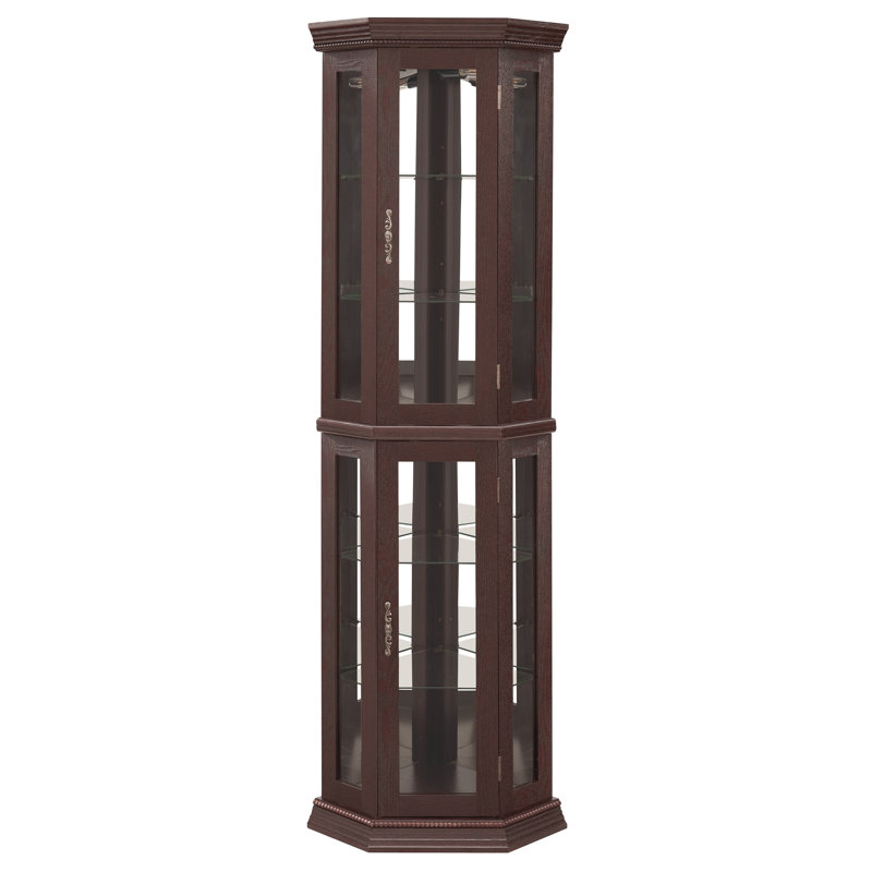 69.5" Lighted Glass Corner Curio Cabinet With Display And Adjustable Shelving, Cherry