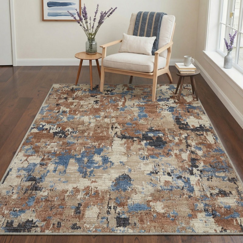 Tapis d'intérieur bleu / beige / brun Aura, Brun/bleu, Rectangle 6 pi x 9 pi