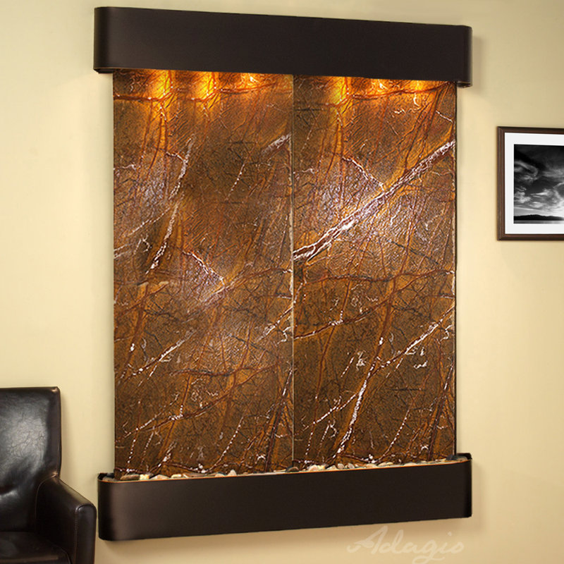 Majestic River Natural Stone Fountain with Light, Blackened Copper, Rainforest Brown Marble