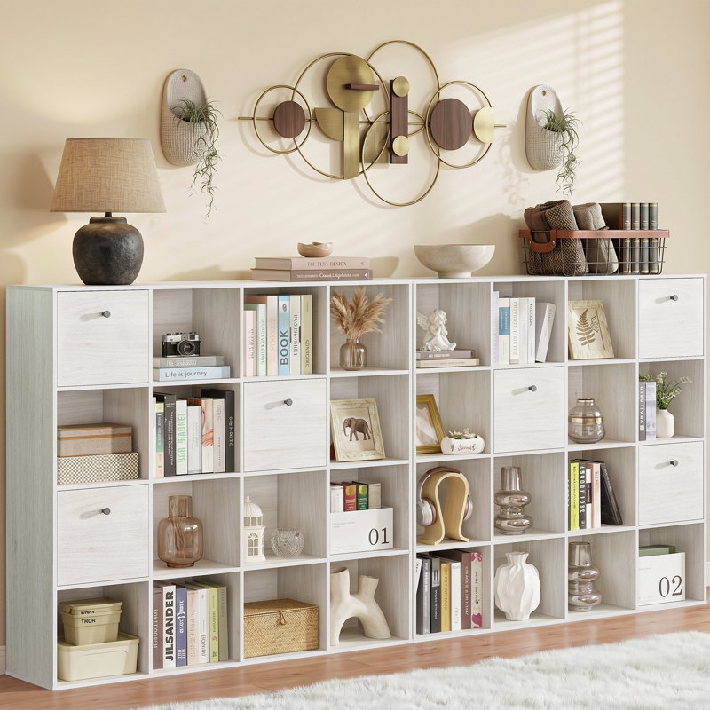 Ensemble de rangement modulaire 16 tiroirs avec tiroirs en tissu, bibliothèque blanche en bois rustique et cloison, ensemble de 2