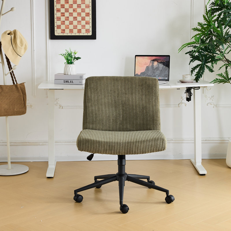  24.02‘’W Corduroy Task Office Chair With Non-Rolling Pads and Wheels, Green