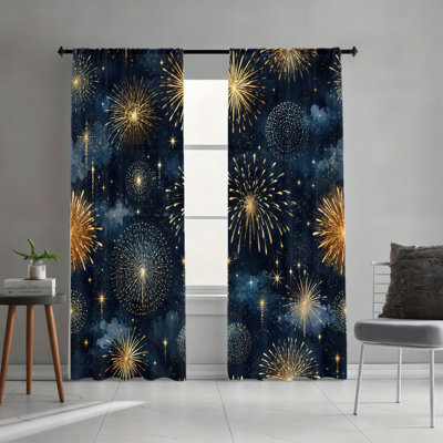 2 Panels Festive Holiday Style Decor Light Filtering Curtains with Firework Starry Night Sky Pattern, Spring Refresh Decor, Easy Hang Rod Pocket Design, All-Season Curtains for Home Living Room Bedroom Study Decoration