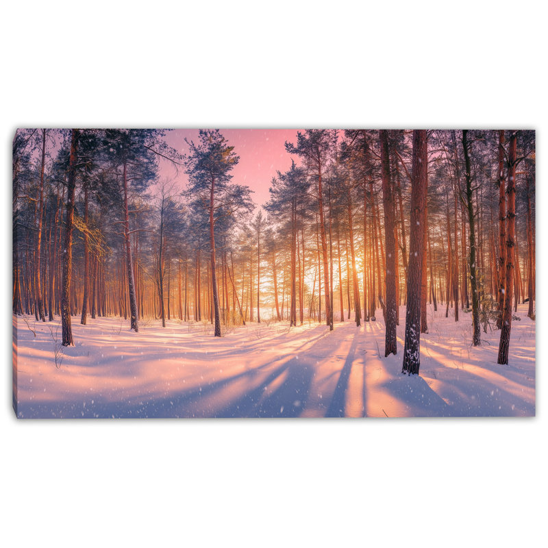 «Golden Winter Sunrise - Snowy Forest Landscape», art mural sur toile tendue, H 24 po x l 42 po