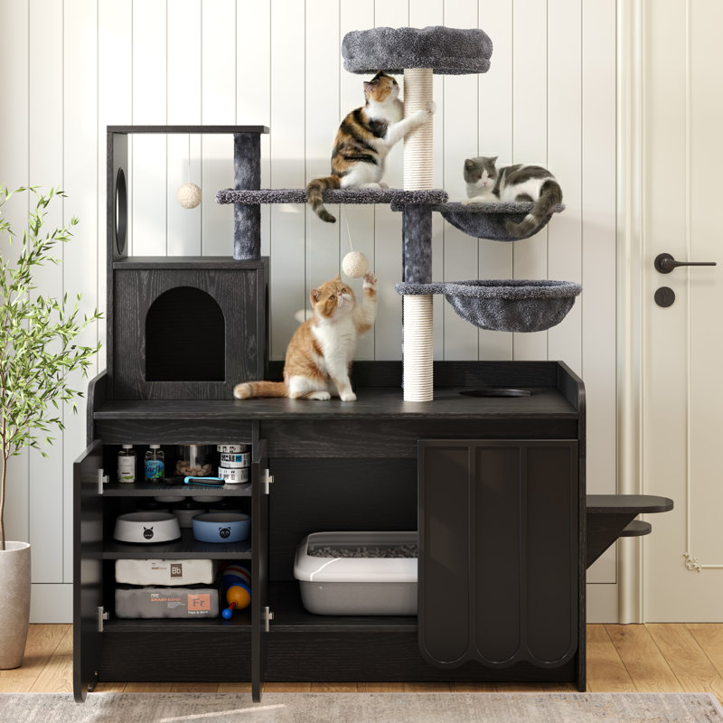 Arbre à chat 50,6 "avec enceinte pour bac à litière, tour pour chat avec poteau à griffes et espace de rangement Haven, Noir