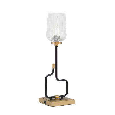 Lampe d'appoint Amarmula, avec ports USB, fini noir mat et laiton vieilli, verre texturé transparent de 5 po