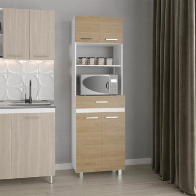 Garde-manger, 4 portes, 1 tiroir, 4 pieds, 4 tablettes, chêne naturel / blanc