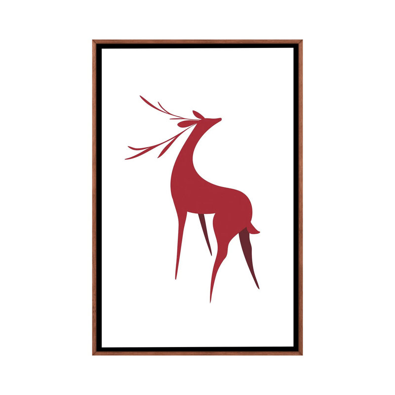 Cerf stylisé rétro en rouge - reproduction d'art encadrée, H 26 po x l 18 po, Reproduction encadrée sans passe-partout, Brun