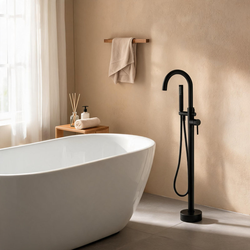 Robinet de baignoire sur pied en métal noir mat avec douchette