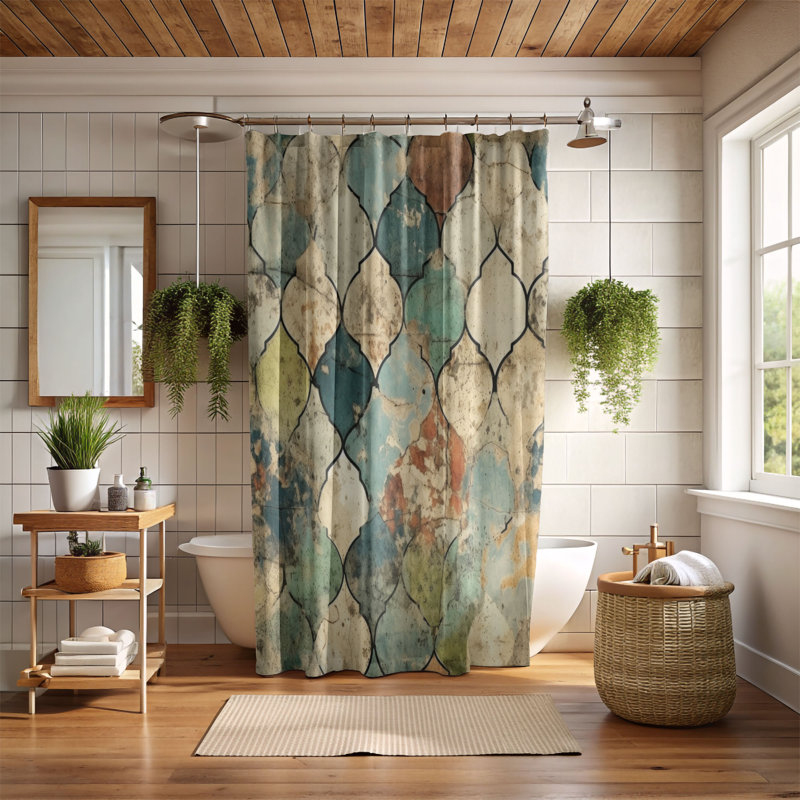 Antique Tiles - Rideau de douche Premium, H 74 po x l 71 po