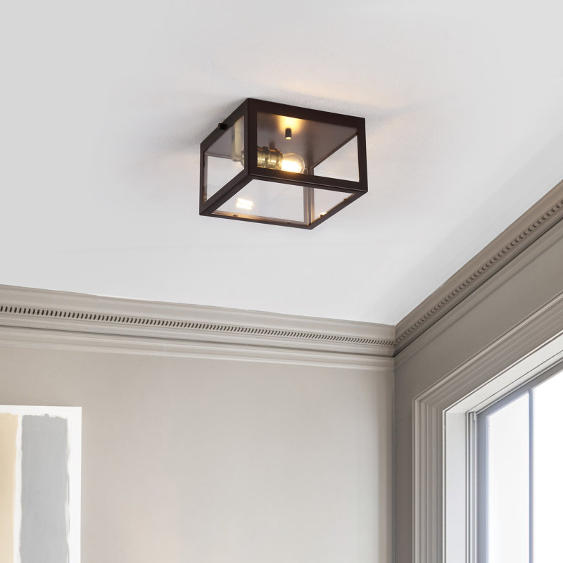 Bechtold Farmhouse Industrial Square Iron/Glass Case LED Flush Mount, Oil Rubbed Bronze/Brass Gold, 5" H x 8" W x 8" D