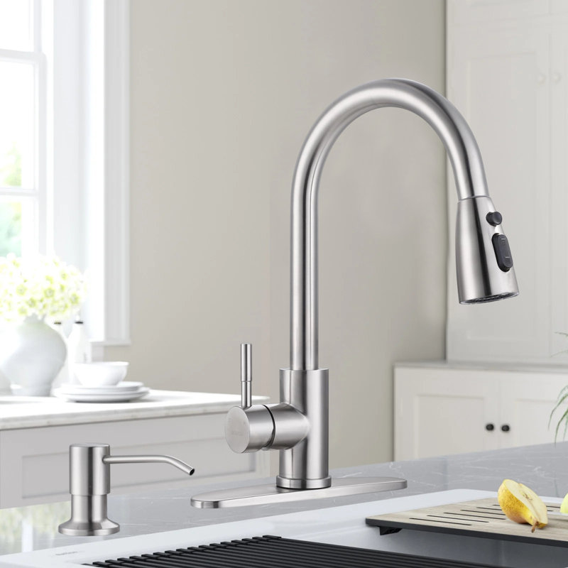 Kitchen Faucet With Soap Dispenser, Stainless Steel Pull-Down Faucet, Single Handle High Arc Kitchen Faucet., Brushed Nickel