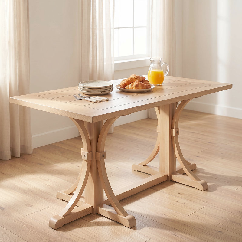 Table de salle à manger rustique en bois massif 60 po pour 6 personnes avec base à tréteaux et finition chêne, Beige