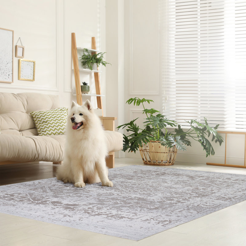 Tapis lavable à la machine avec envers antidérapant à motif floral moderne abstrait beige et crème, Rectangle 8 pi x 10 pi