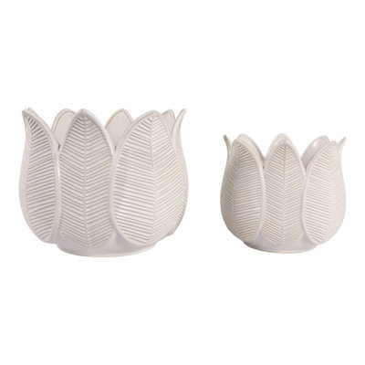Ensemble de 2 pots à fleurs décoratifs en céramique à motif de pétales de lotus pour terrasse de jardin - Pots de fleurs texturés d'intérieur ou d'extérieur pour le salon