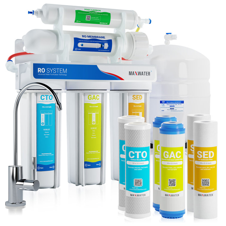 Max Water 5-stage RO water filtration with faucet, heavy-duty tank,+ replacement filters for 100 GPD