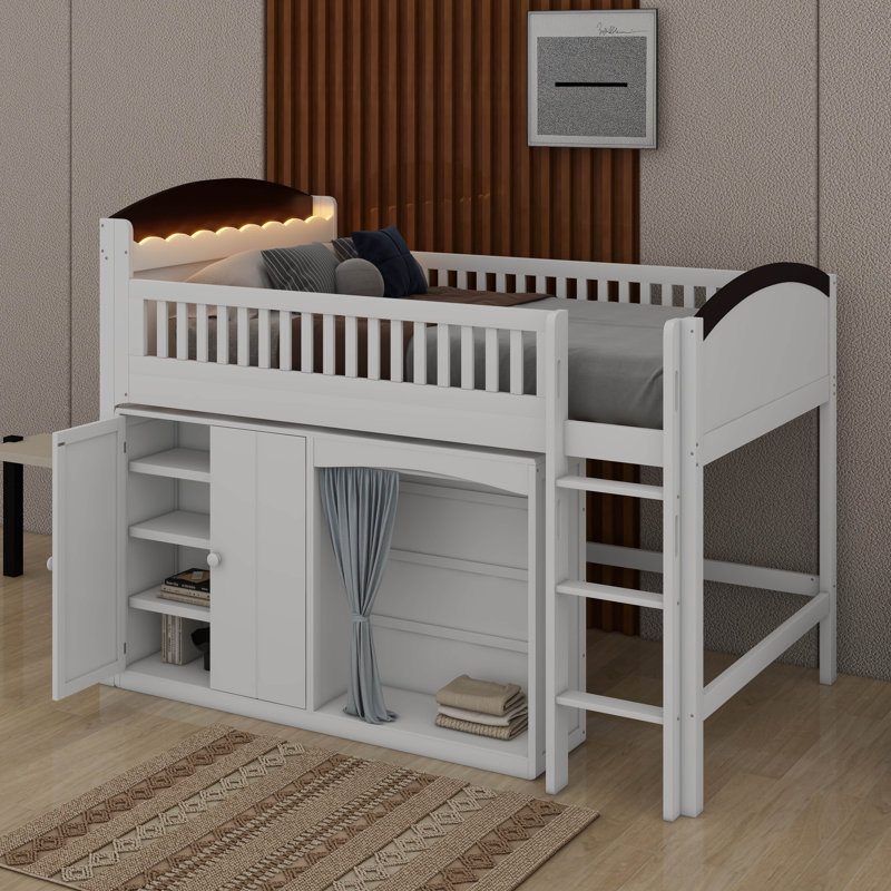 Lit mezzanine bas avec garde-robe, tablettes et armoire, lit mezzanine en bois massif avec rangement pour tête de lit et éclairage à DEL, cadre de lit maisonnette